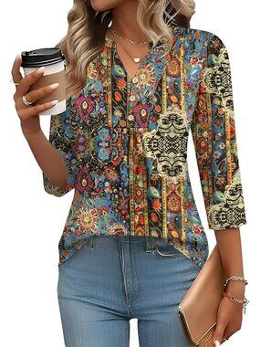 Women's 3/4 Length Sleeve Tops Dressy Casual Henley V-Neck Tops Ethnic Print